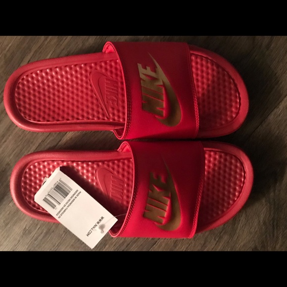 nike red gold slides